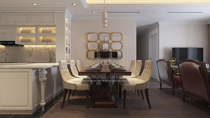 .
Gương ghép ô làm nổi bật không gian phòng ăn tân cổ điển với sự trang trí và phong thủy đặc biệt.