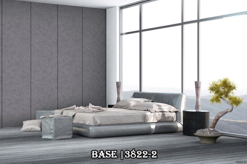 Chiều cao và sâu của phòng ngủ được củng cố thêm bởi mẫu giấy dán tường giả bê tông này để tạo nên điểm nhấn.
