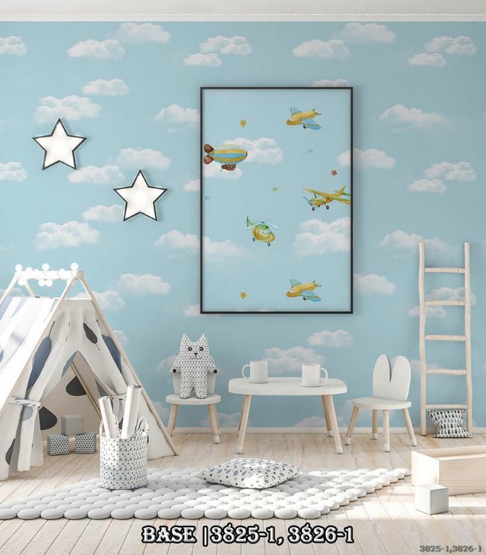 Phối cảnh 3D kết hợp giữa 2 mẫu giấy dán tường 3825-1 và 3826-1 làm cho căn phòng của bé trở nên tuyệt vời hơn.